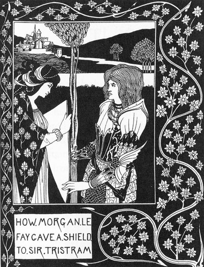 Arthurlegende: De fee Morgane geeft een schild aan Tristan door Aubrey Beardsley