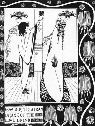 Arthurlegende: Tristan drinkt de liefdesdrank Gravure in 