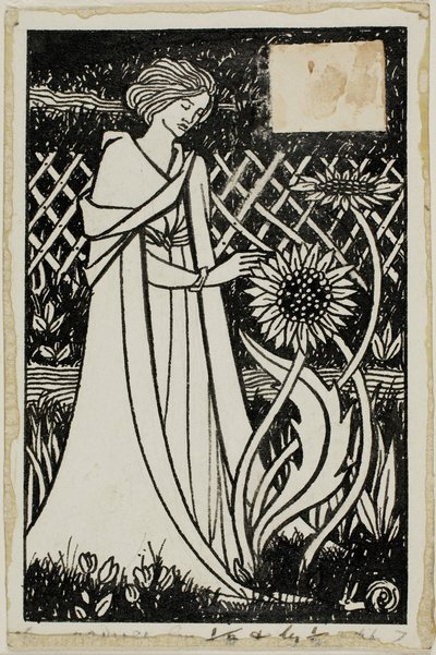 Decoratieve Studie: Vrouw met Zonnebloemen door Aubrey Beardsley