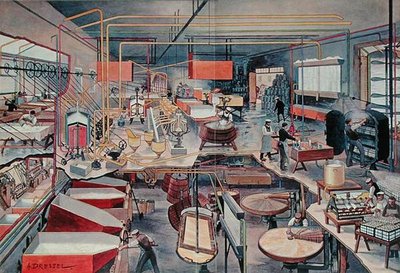 Interieur van een moderne stedelijke zuivelfabriek, illustratie uit 