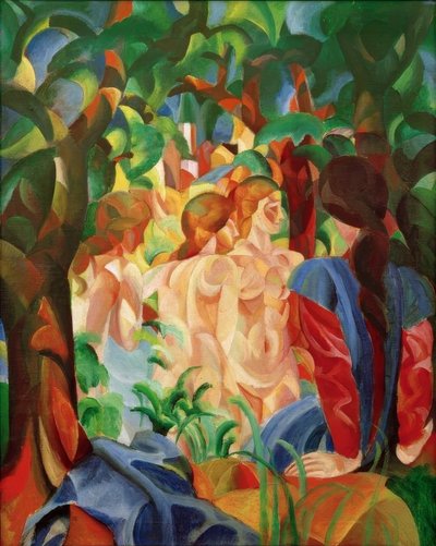 Badende meisjes met stad op de achtergrond door August Macke