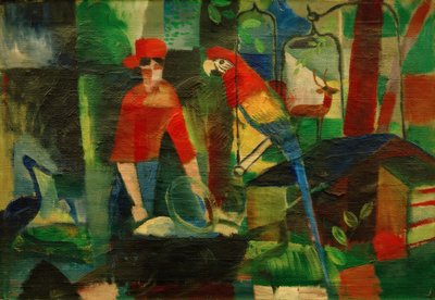 Vrouw met papegaai in een landschap door August Macke