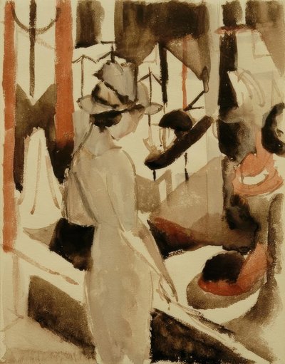 Vrouw voor hoedenwinkel door August Macke
