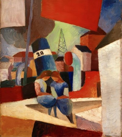 Havenbeeld met kinderen op de muur: Duisburger haven door August Macke