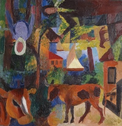 Landschap met koeien, zeilboot en figuren door August Macke