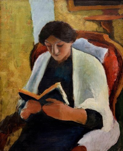 Lezende vrouw in rode stoel door August Macke