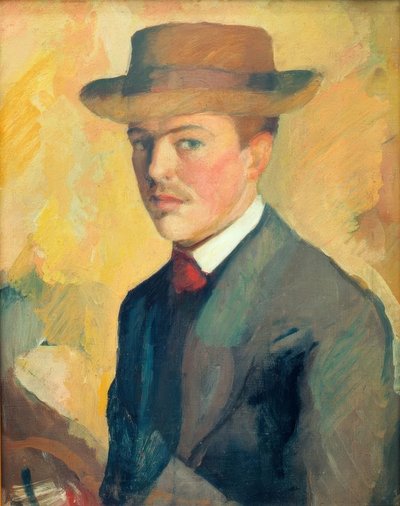 Zelfportret met hoed door August Macke
