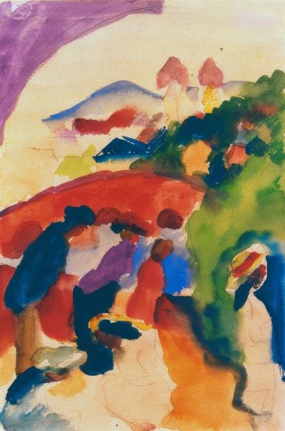 Wandelaars met stad door August Macke