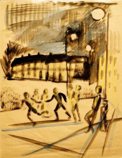Spelende kinderen in de avond door August Macke