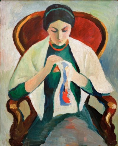 Bordurende vrouw in de stoel: Portret van de vrouw van de kunstenaar door August Macke