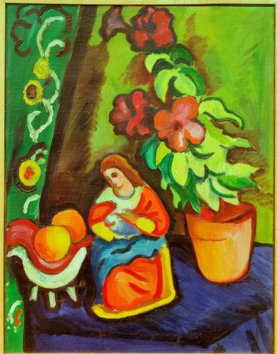 Stilleven met Madonna, petunia en appels door August Macke