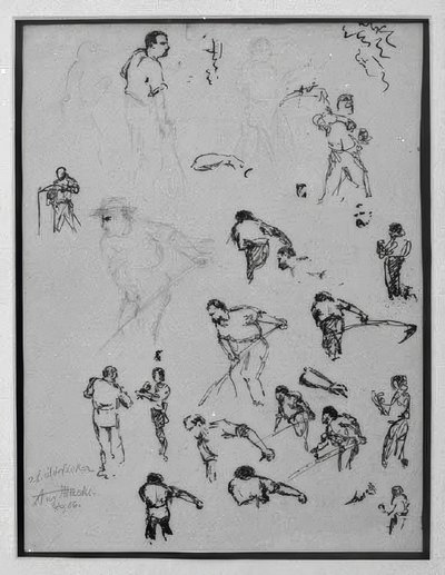 Studieblad met maaiende boeren door August Macke