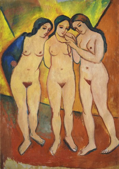 Drie naakten, oranje en rood, 1912 door August Macke