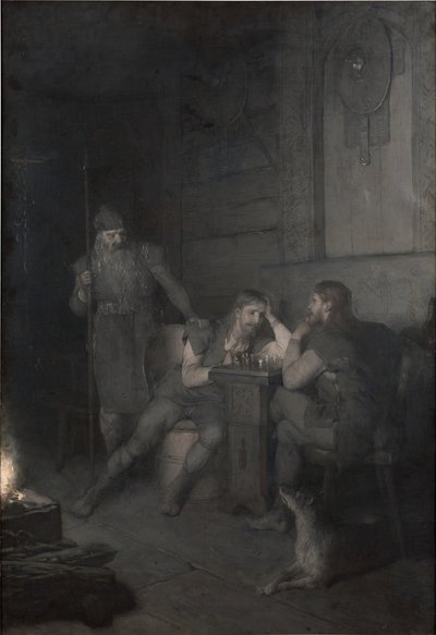 Frithiof speelt schaak (uit Frithiofs saga) door August Malmström