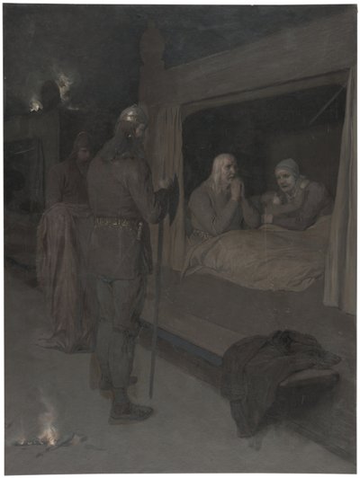 Njal, Bergthora en Thord Karisson besluiten zich levend te laten verbranden. Illustratie voor Njals saga, hfdst. 129 door August Malmström