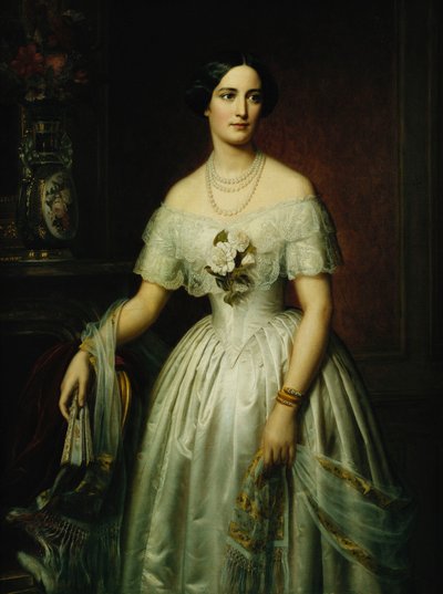 Portret van een Dame Staand Driekwart Lengte in een Witte Jurk, 1851 en 1876 door August Schiott