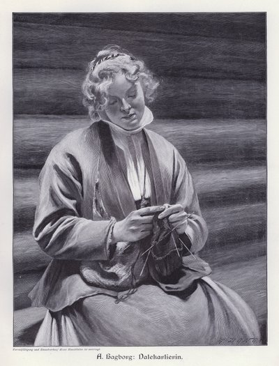 Portret van een vrouw die breit (gravure) door August Wilhelm Nikolaus Hagborg