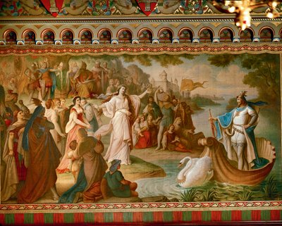 De aankomst van Lohengrin in Antwerpen, uit de Lohengrin Saga, salon door August von Heckel