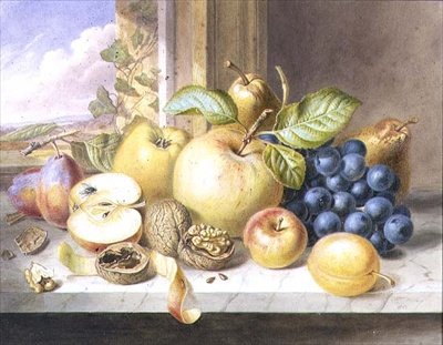 Een Stilleven van Appels, Druiven, Peren, Pruimen en Walnoten op een Vensterbank door Augusta Innes Withers
