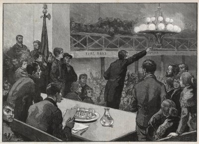 Vergadering voor de staking bij de Vooruit in 1885 - gravure in 1885 