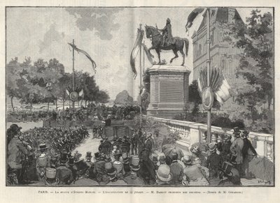 Parijs - Toespraak door Mr. Darlot tijdens de inhuldiging op 15 juli 1888 in het stadhuis van Parijs van het standbeeld van Etienne Marcel - Tekening door Gerardin in 