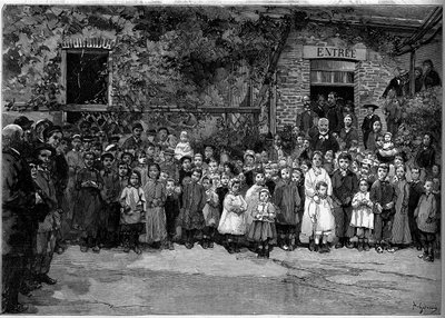 Victor Hugo (1802-1885) met de arme kinderen van Veules-en-Caux aan wie hij op 24 september 1882 een banket aanbood. Gravure door Gerardin in "Le Monde Illustré" nr. 1333 van 14 oktober 1882. door Auguste (after) Gerardin