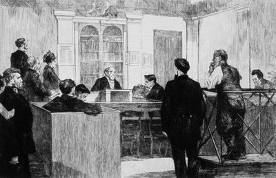 Bow Street Police Court Hall in Londen in 1884 door Auguste Andre Lancon