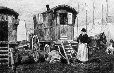 Kamp van zigeuners met hun woonwagen door Auguste Andre Lancon