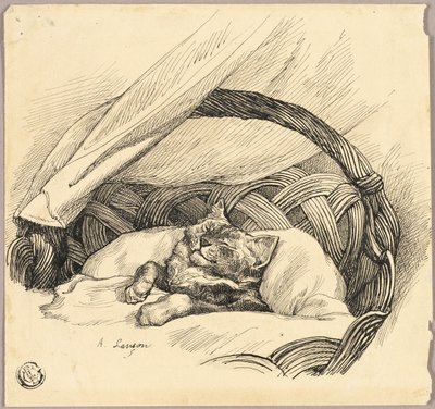 Slapende kat in mand door Auguste Andre Lancon