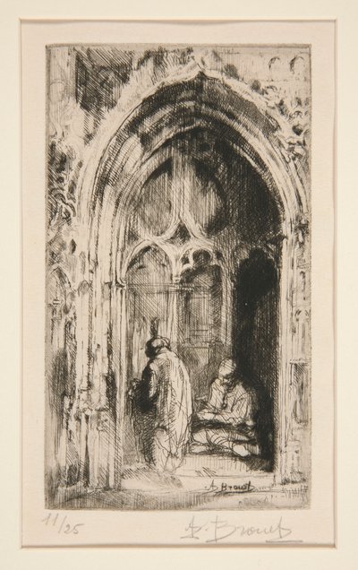 Bedelaar bij een kerkportaal door Auguste Brouet