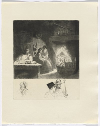 Frédéric Mistral: Mémoires et Recits van Frédéric Mistral: familiescène/buste van drie figuren (inzet na p. 48) door Auguste Brouet