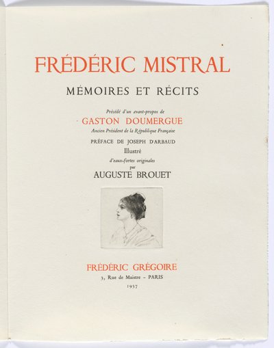 Frédéric Mistral: Mémoires et Recits van Frédéric Mistral: titelpagina, buste van vrouw in profiel door Auguste Brouet