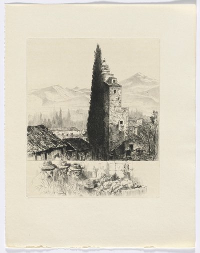 Frédéric Mistral: Mémoires et Recits van Frédéric Mistral: toren in landschap/ man en dood wild (invoegen na p. 200) door Auguste Brouet