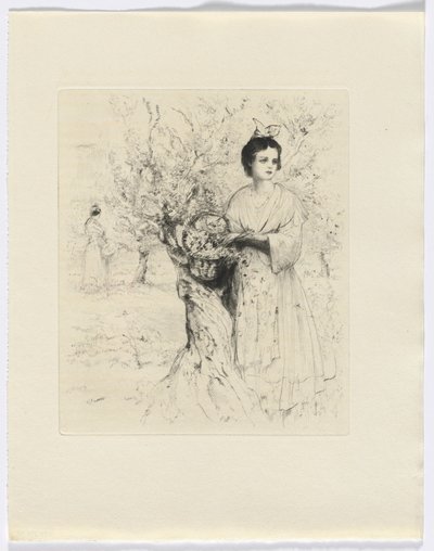 Frédéric Mistral: Mémoires et Recits van Frédéric Mistral: vrouw buiten met een mand bloemen (invoegen na p. 192) door Auguste Brouet