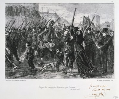 Franse soldaten vertrekken naar Buzenval, Beleg van Parijs, Frans-Pruisische Oorlog, 18 januari 1871 1872 door Auguste Bry