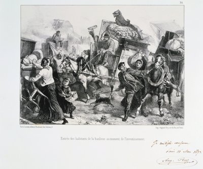 Bewoners van de buitenwijken arriveren in Parijs voordat de Pruisen de stad belegeren, 1870 1872 door Auguste Bry