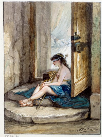 Illustratie van de fabel "De man die achter fortuin aanrent en de man die op hem wacht in zijn bed" door Jean de La Fontaine. Aquarel door Auguste Delierre (1829-c.1890) door Auguste Delierre