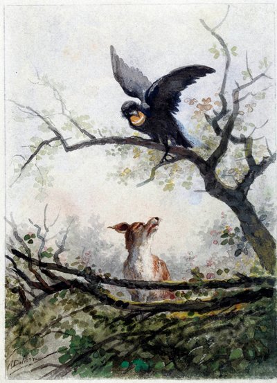 De vos en de raaf. Illustratie van de fabel van Jean de La Fontaine door Auguste Delierre