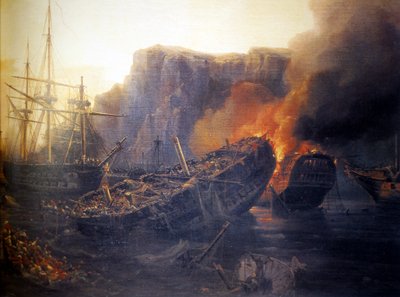 Frans:  Le soir de la bataille de Navarin, 1827 Avond van de slag bij Navarino door Auguste Etienne Francois Mayer