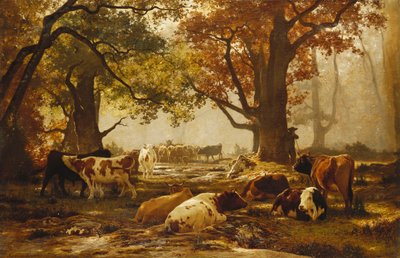 Vee in een bebost rivierlandschap door Auguste Francois Bonheur
