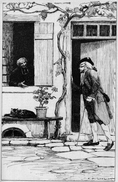De parochie van het dorp Ermenonville nodigt de filosoof Jean Jacques Rousseau (1712-1778) uit om zijn pastorie binnen te gaan. Oise (60). Illustratie door Auguste Francois Gorguet door Auguste Francois Gorguet