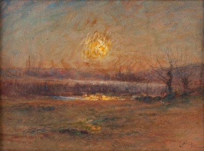 Zonsondergang op de vijver op het platteland door Auguste Francois Ravier