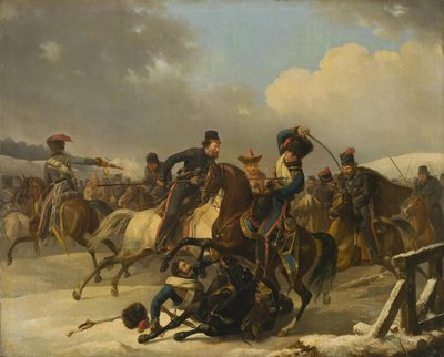 Kozakken achtervolgden terugtrekkende Franse soldaten, 1812, 1827 door Auguste Joseph Desarnod