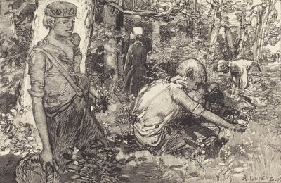 Verzameling van meiklokjes La cueillette du muguet, 1908 door Auguste Lepere