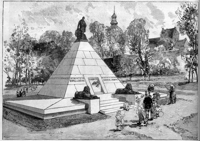 Uitzicht op het monument ter nagedachtenis aan de Franse egyptoloog Auguste-Edouard (Auguste Edouard) Mariette (1821-1881) in Boulogne-sur-Mer, Pas de Calais (62). Gravure door Lepere in 
