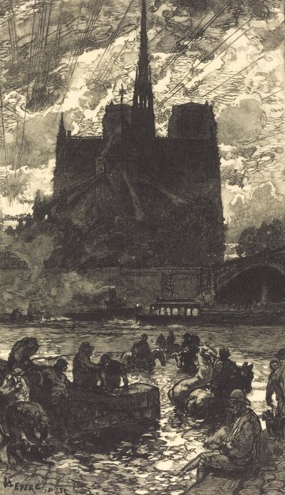 Waterplaats achter Notre-Dame door Auguste Lepere