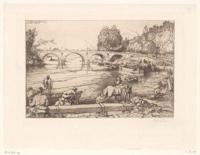 Gezicht op de Pont Marie met figuren in de Seine door Auguste Lepère (signed by artist)