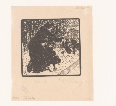 Vrouw en kind in een regenbui door Auguste Lepère (signed by artist)