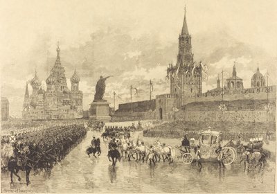 De kroning van de tsaar. De keizerlijke stoet trekt over het Koninklijk Plein door Auguste Lepère and Auguste Gérardin