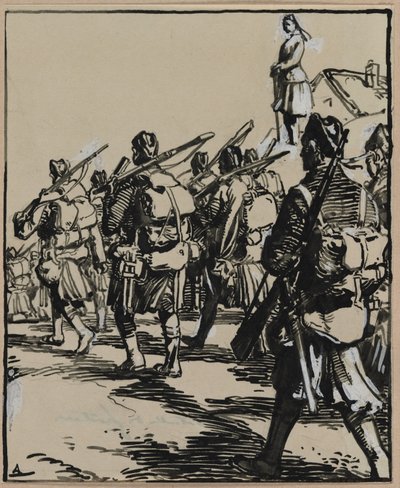 Slag om de grenzen: groep Britse soldaten door Auguste Louis Lepère